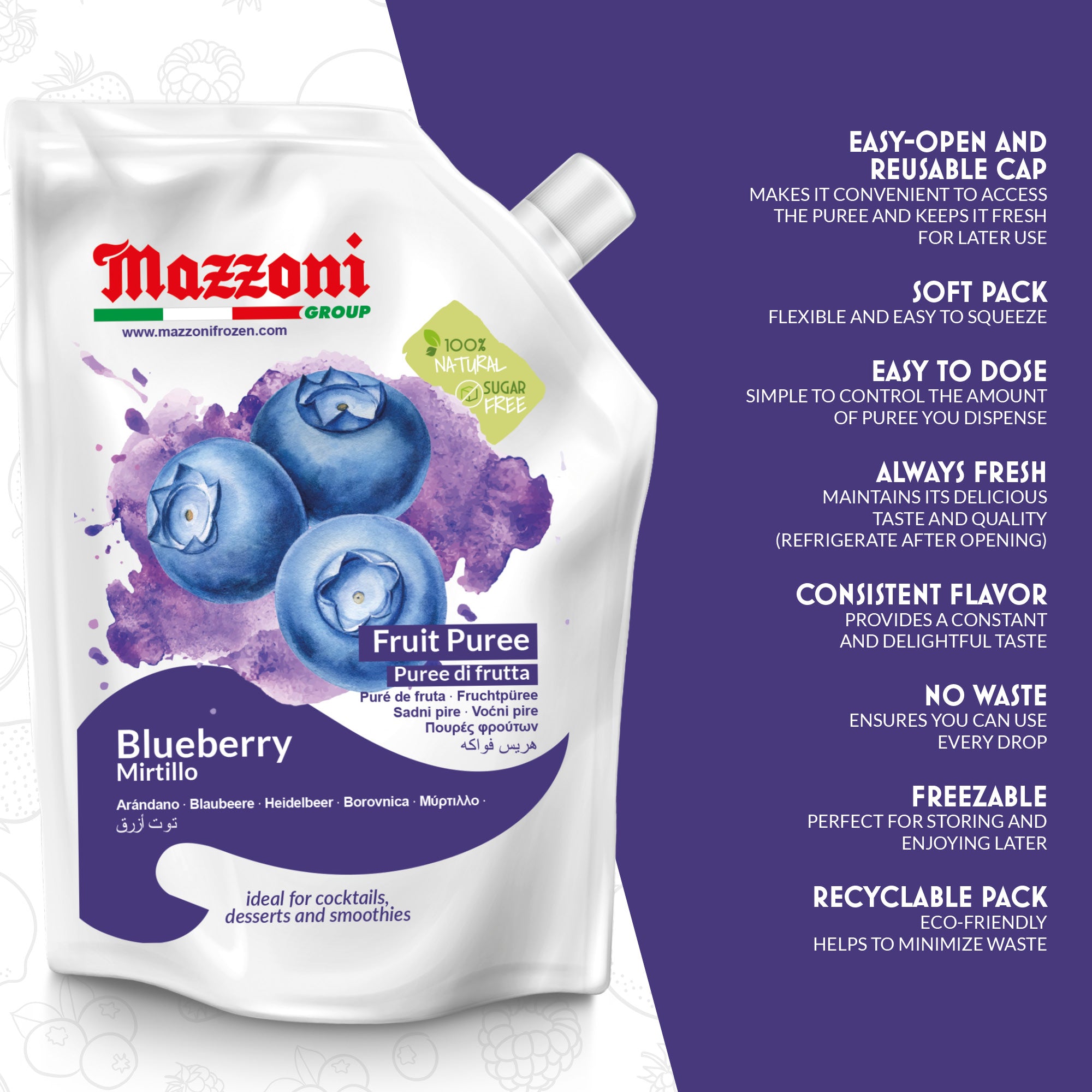 Mazzoni, Blueberry Puree, 100% Pure Blueberries, Just Fruit, No Sugar Added 2.2 lb pouch