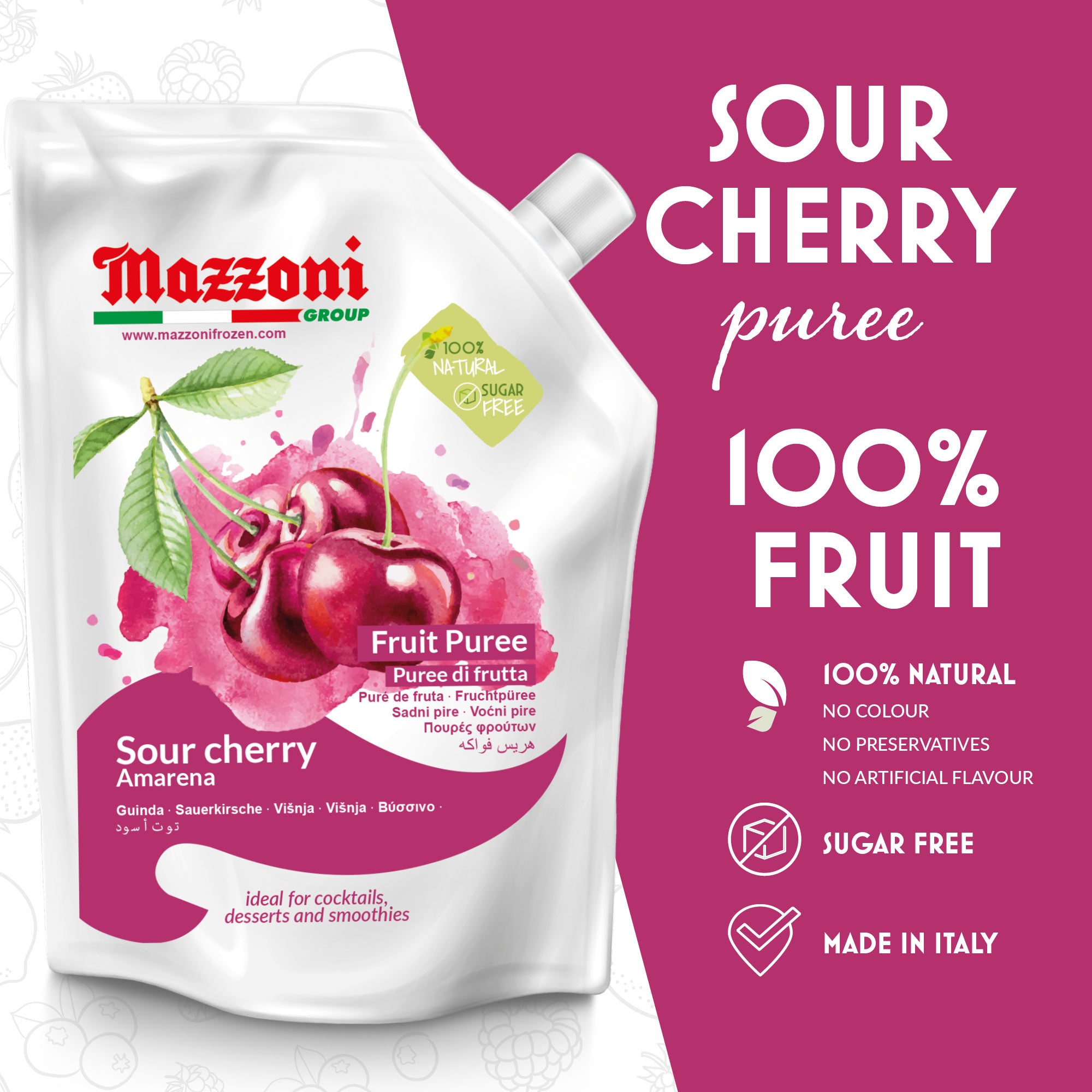 Mazzoni, Sour Cherry Puree, 100% Pure Sour Cherry, Just Fruit, No Sugar Added, 2.2 lb