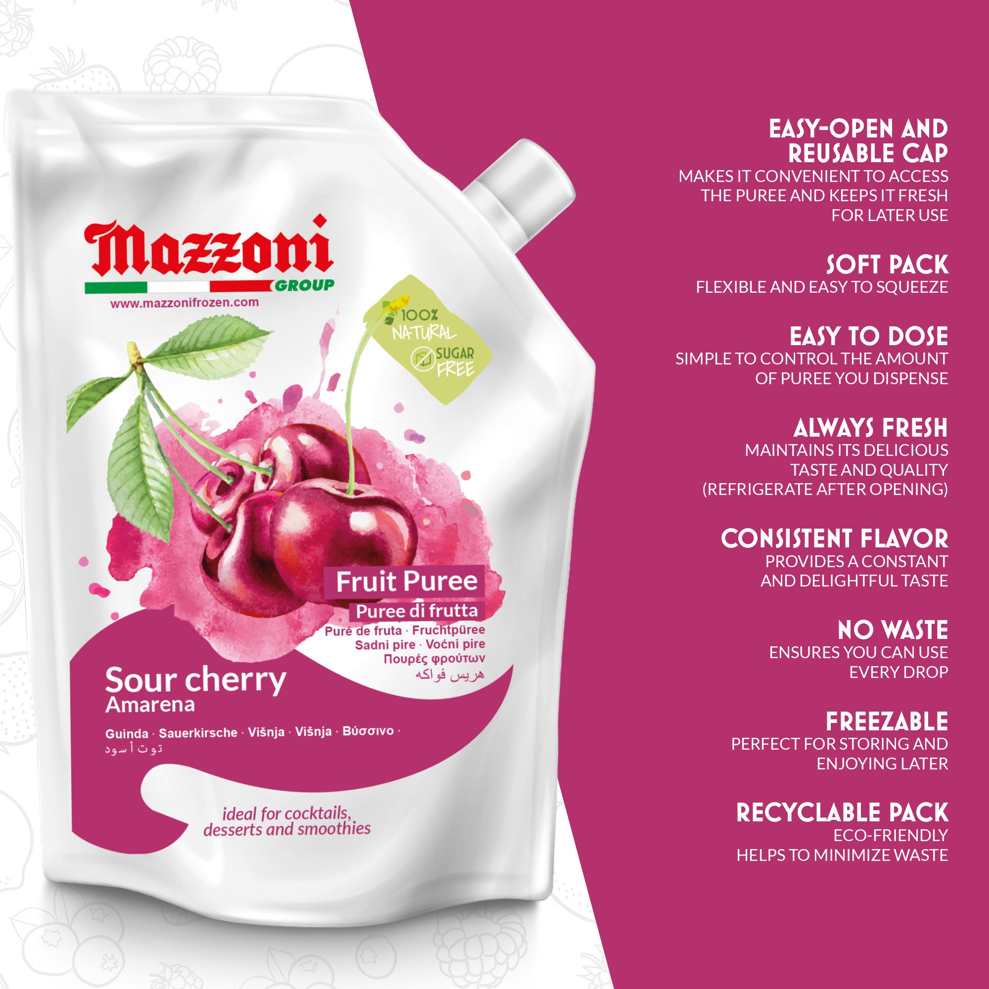 Mazzoni, Sour Cherry Puree, 100% Pure Sour Cherry, Just Fruit, No Sugar Added, 2.2 lb