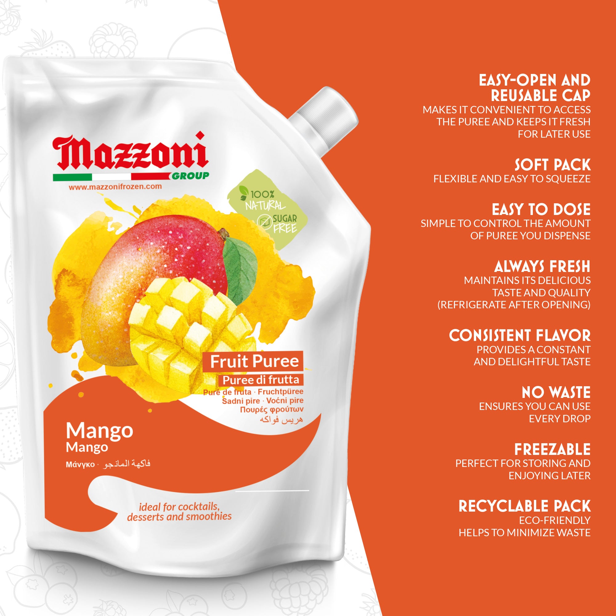 Mazzoni, Mango Puree, 100% Pure Mango, Just Fruit, No Sugar Added, 2.2 lb