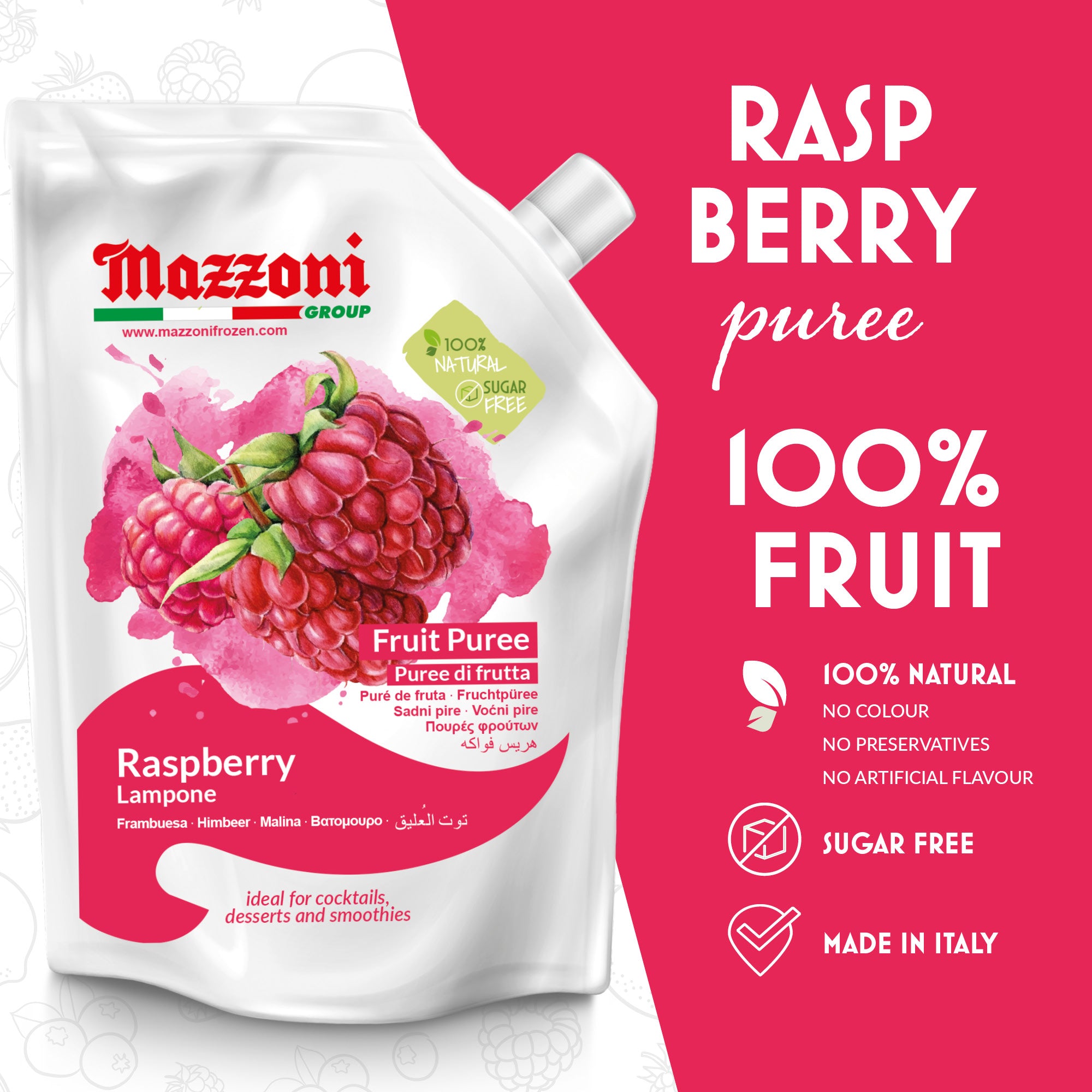 Mazzoni, Raspberry Puree, 100% Pure Raspberries, Just Fruit, No Sugar Added, 2.2 lb