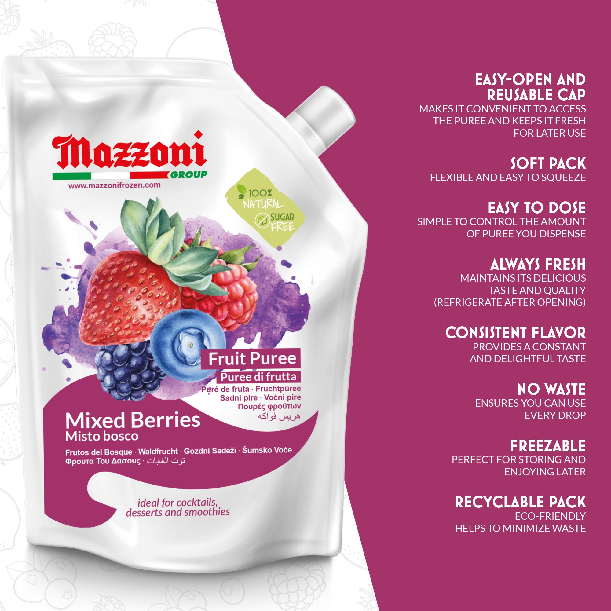 Mazzoni, Forest Berries Puree, 100% Pure Forest Berries, Just Fruit, No Sugar Added