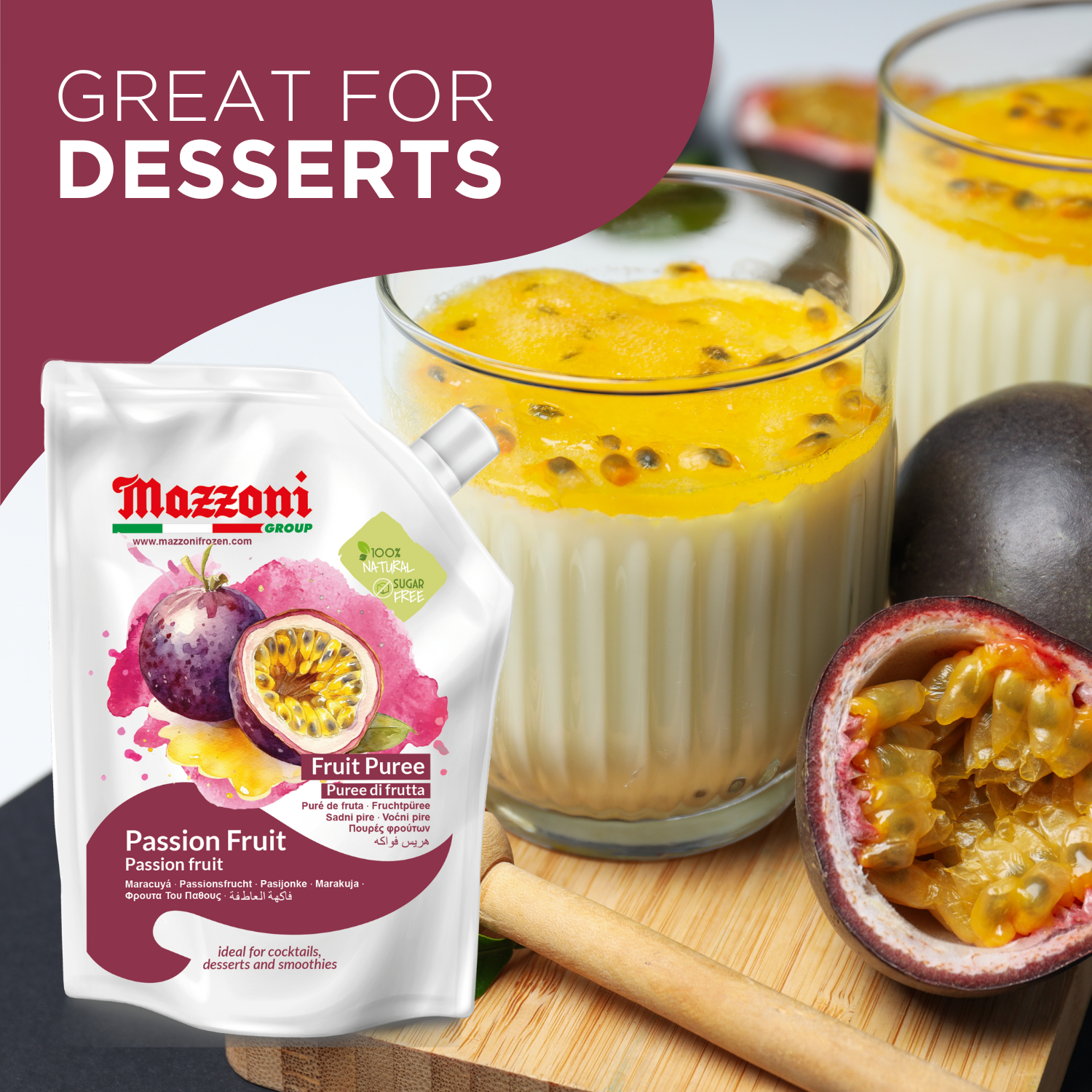 Mazzoni, Passion Fruit Puree, 100% Pure Maracuya, Just Fruit, No Sugar Added, 2.2 lb