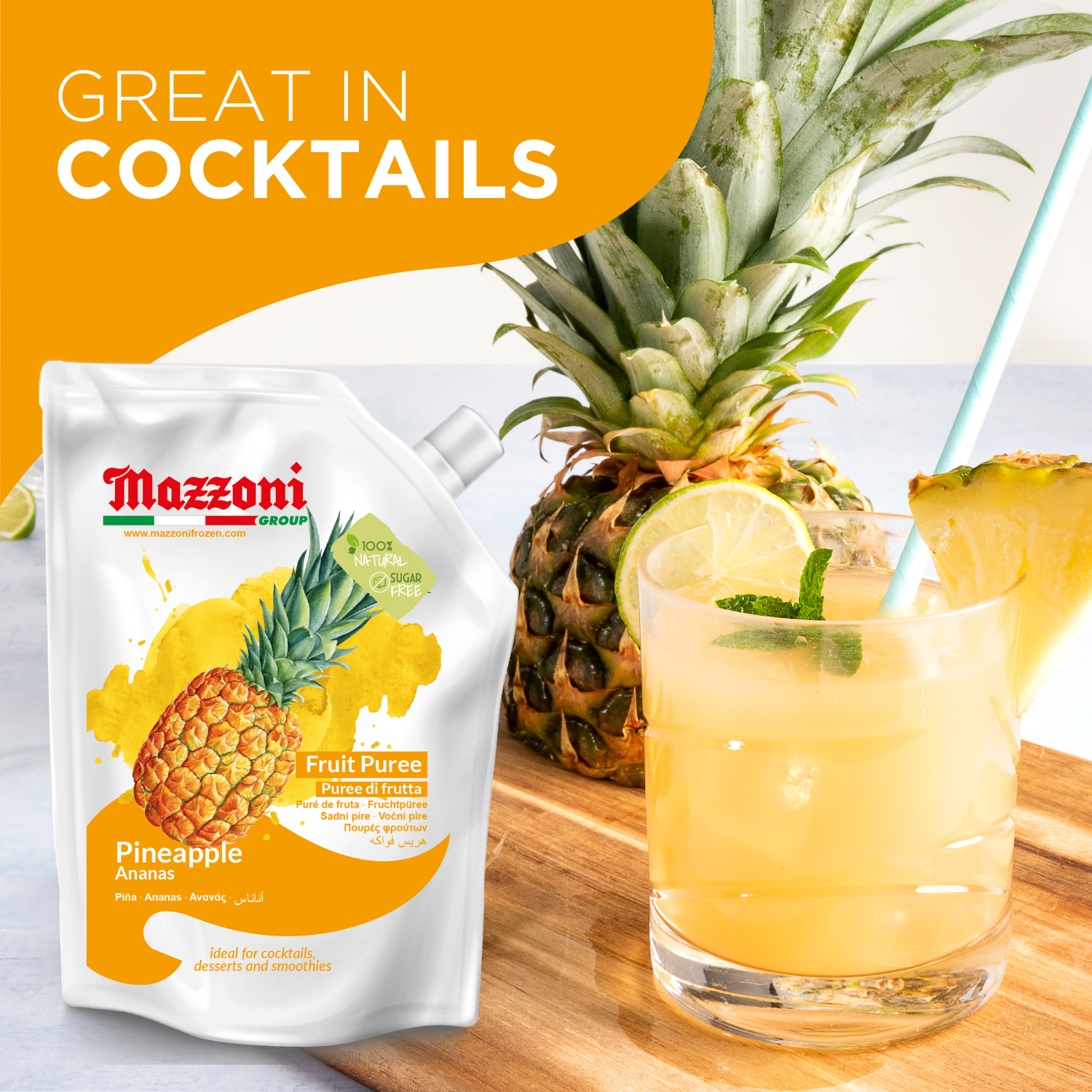 Mazzoni, Pineapple Puree, 100% Pure Pineapple Mix, No Sugar Added, 2.2 lb