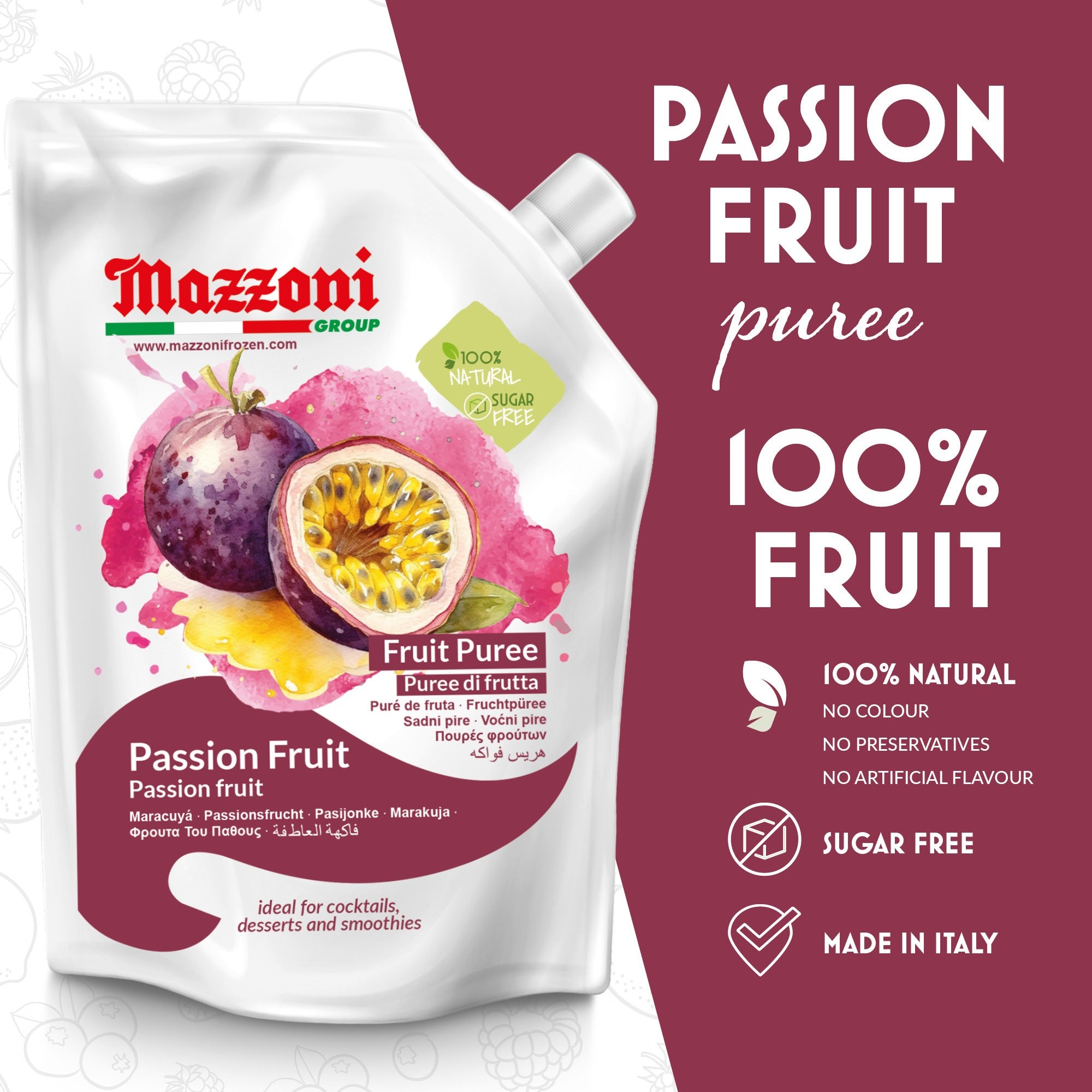 Mazzoni, Passion Fruit Puree, 100% Pure Maracuya, Just Fruit, No Sugar Added, 2.2 lb