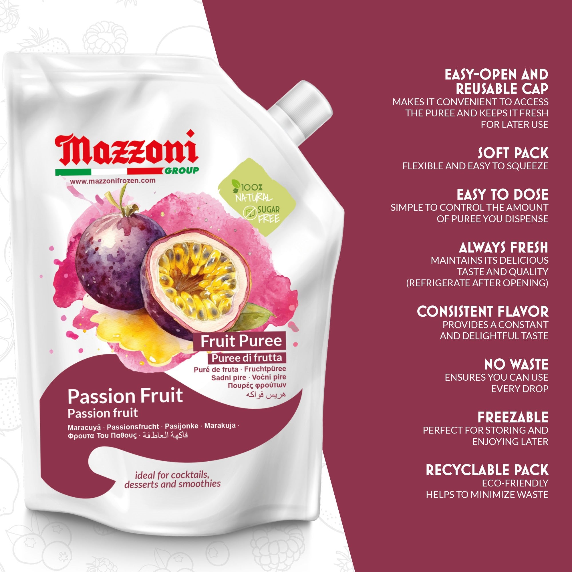 Mazzoni, Passion Fruit Puree, 100% Pure Maracuya, Just Fruit, No Sugar Added, 2.2 lb