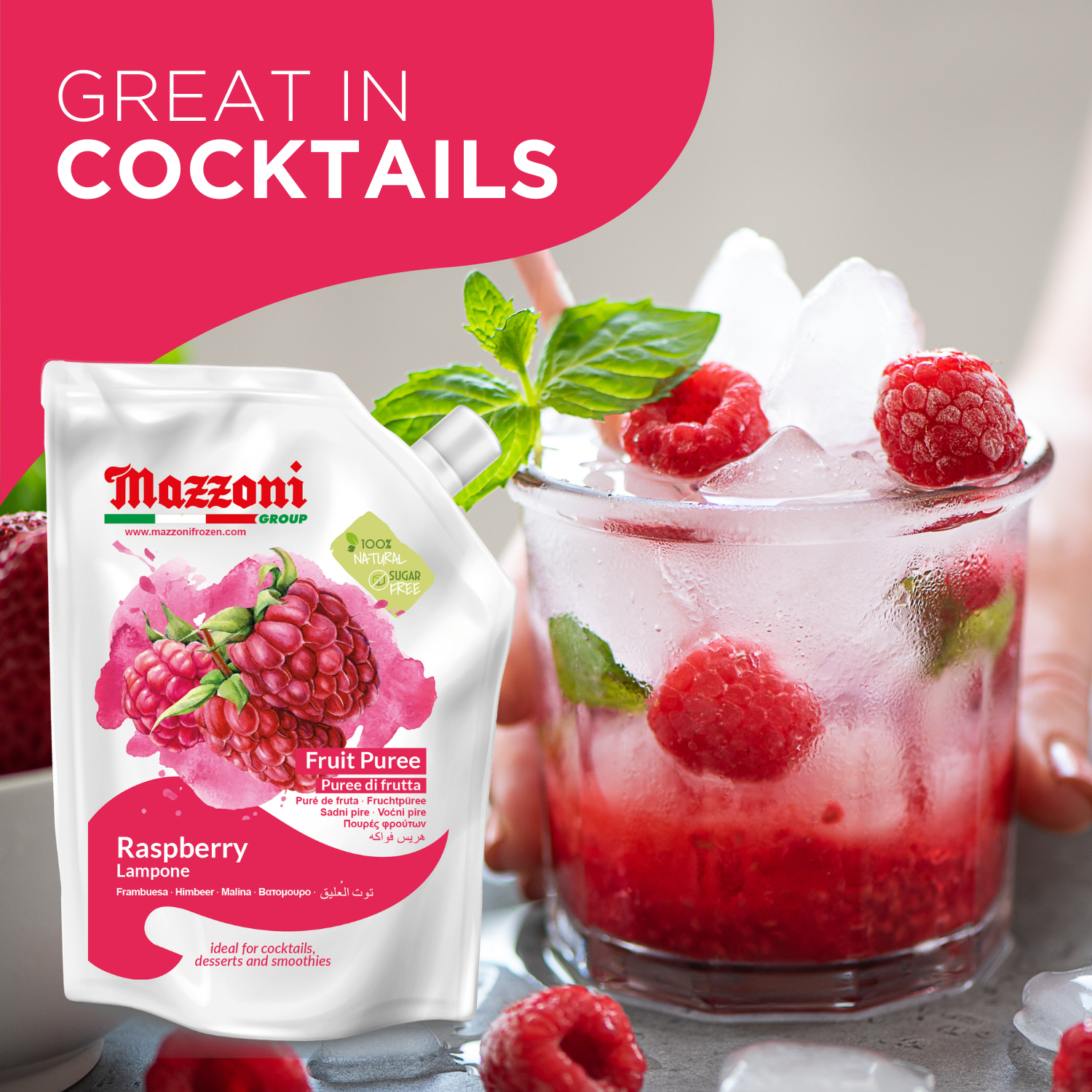 Mazzoni, Raspberry Puree, 100% Pure Raspberries, Just Fruit, No Sugar Added, 2.2 lb