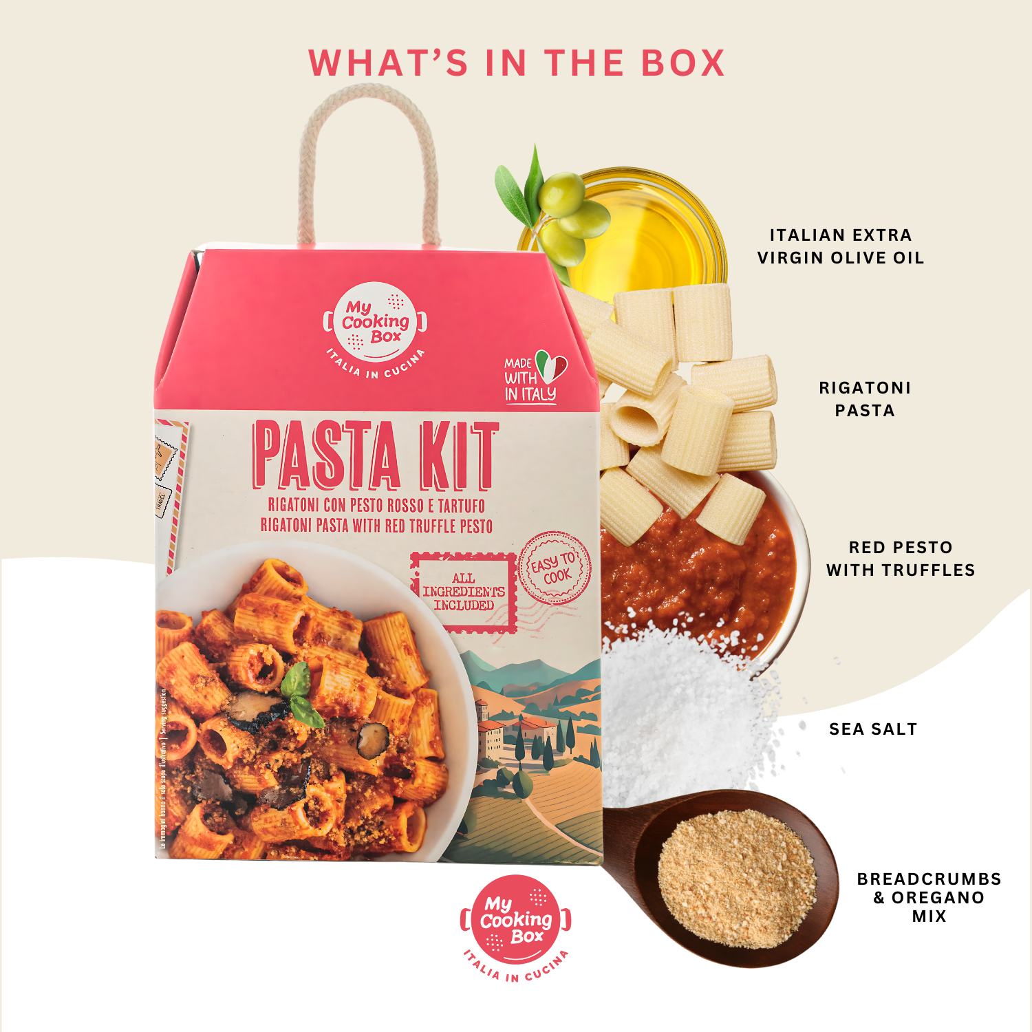 Pasta Meal Kit, Rigatoni with Red Pesto & Truffles, Gourmet Dinner Recipe, Product of Italy, Pre-Portioned for 2 Servings, My Cooking Box