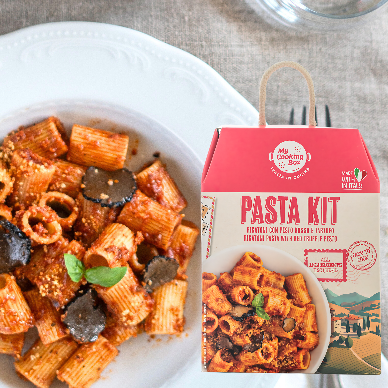 Pasta Meal Kit, Rigatoni with Red Pesto & Truffles, Gourmet Dinner Recipe, Product of Italy, Pre-Portioned for 2 Servings, My Cooking Box