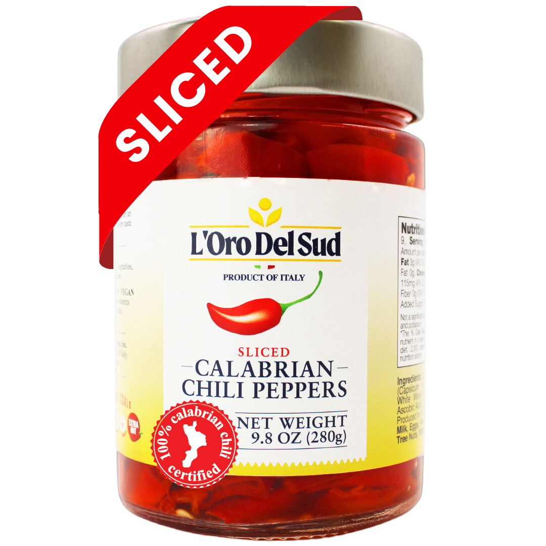 L'Oro Del Sud Certified Authentic, Sliced, Chopped, Calabrian Chili Peppers 9.8 oz, Peperoncini