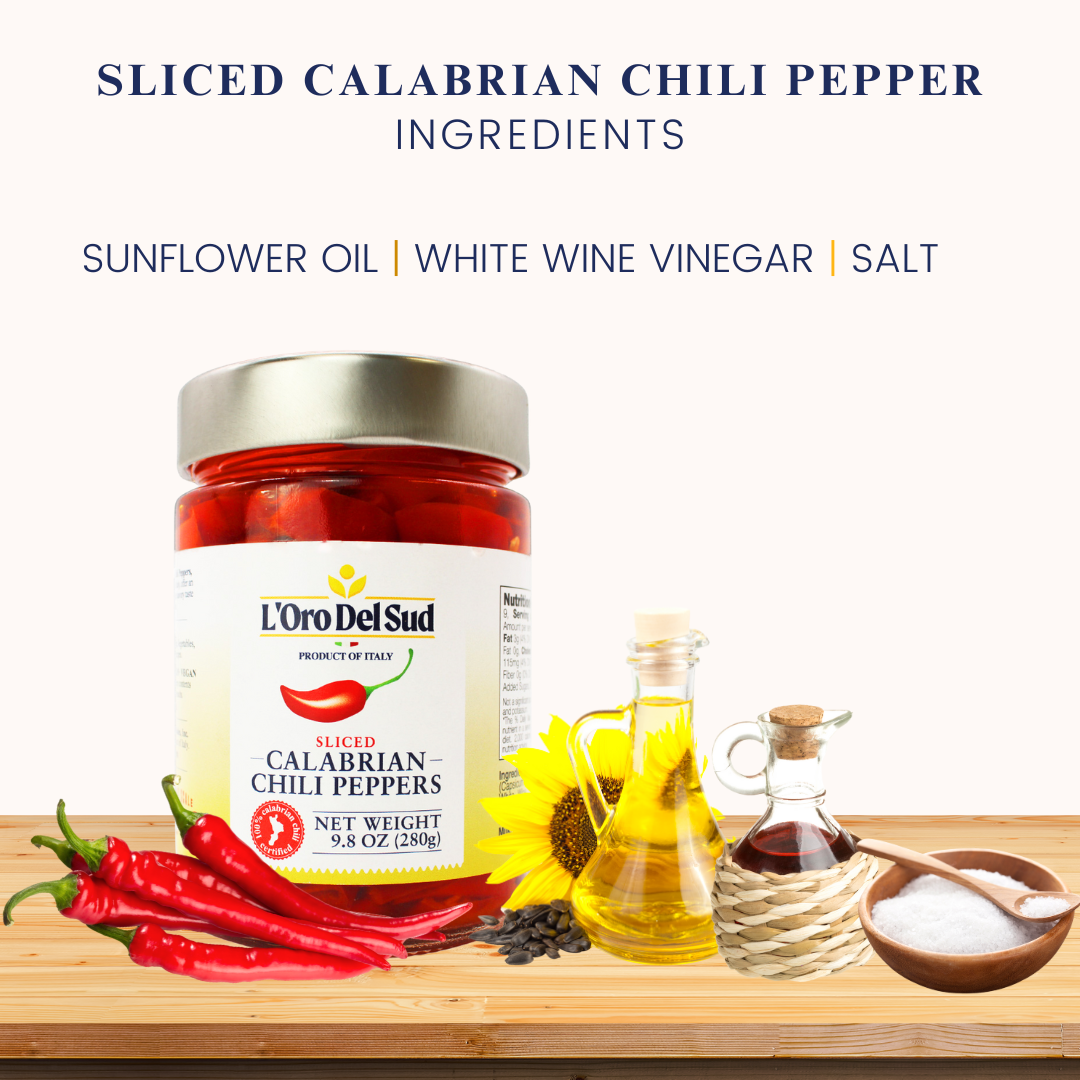 L'Oro Del Sud Certified Authentic, Sliced, Chopped, Calabrian Chili Peppers 9.8 oz, Peperoncini