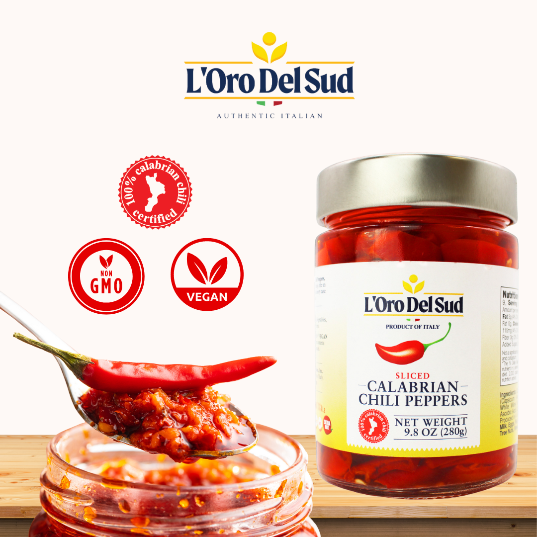 L'Oro Del Sud Certified Authentic, Sliced, Chopped, Calabrian Chili Peppers 9.8 oz, Peperoncini