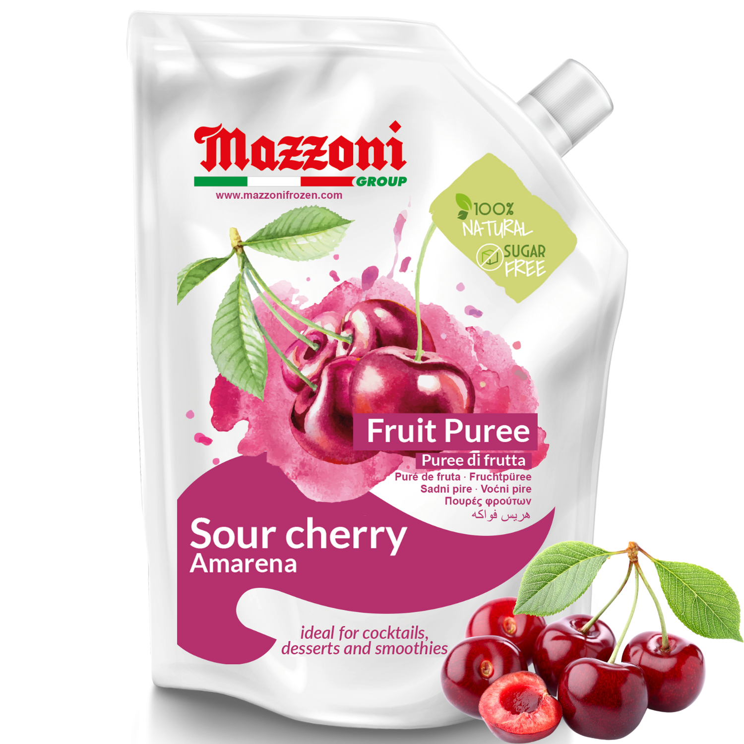 Mazzoni, Sour Cherry Puree, 100% Pure Sour Cherry, Just Fruit, No Sugar Added, 2.2 lb