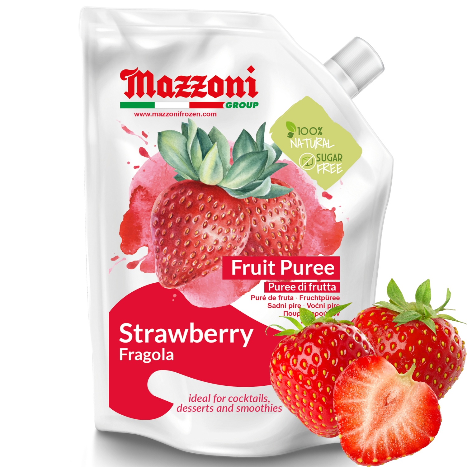 Mazzoni, Strawberry Puree, 100% Pure Strawberries, Just Fruit, No Sugar Added, 2.2 lb pouch