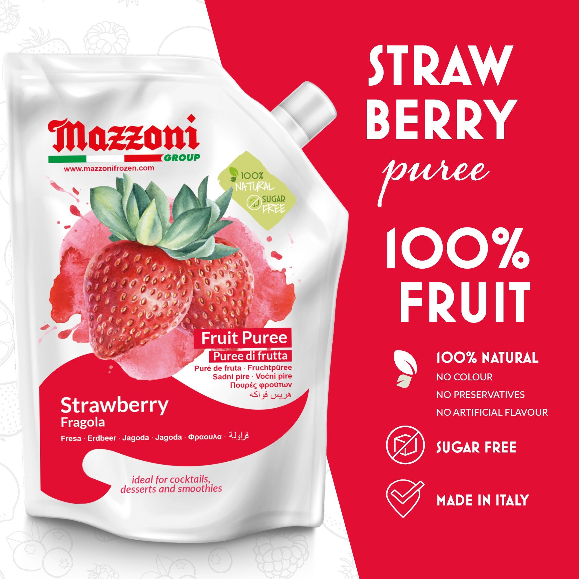 Mazzoni, Strawberry Puree, 100% Pure Strawberries, Just Fruit, No Sugar Added, 2.2 lb pouch