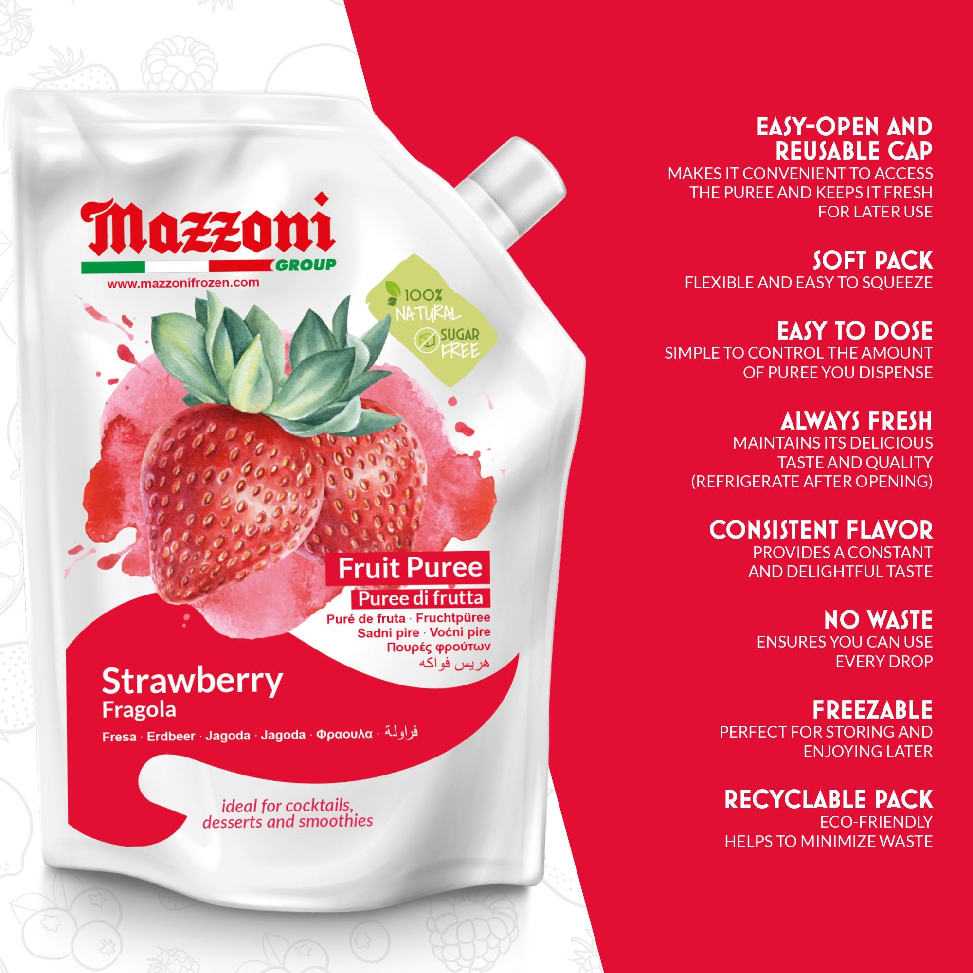 Mazzoni, Strawberry Puree, 100% Pure Strawberries, Just Fruit, No Sugar Added, 2.2 lb pouch