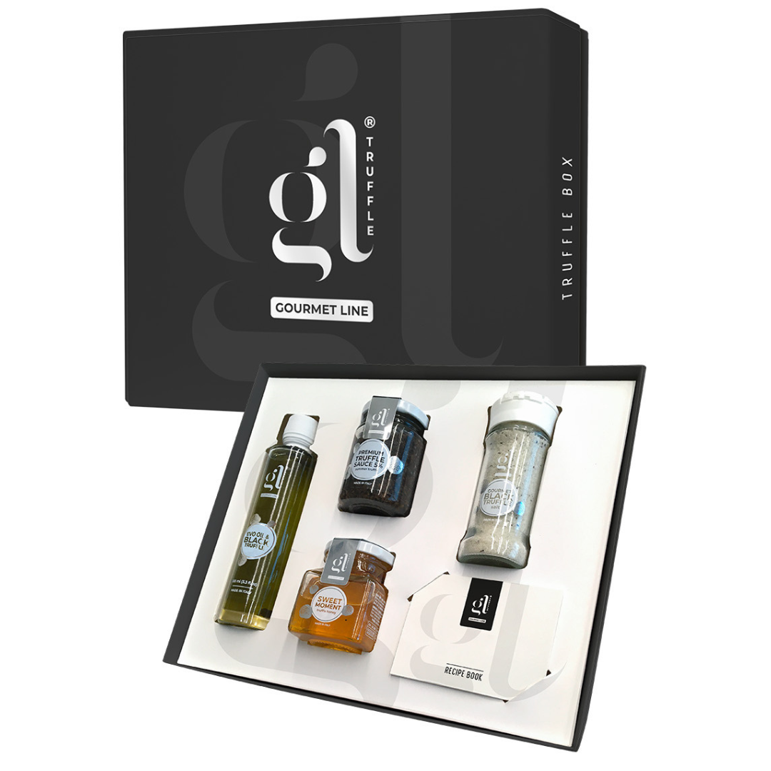 GL Truffle Gourmet Line, Gourmet Truffle Box "Selection" With Recipes Book Gift Set - Extra Virgin Olive Oil & Black Truffle