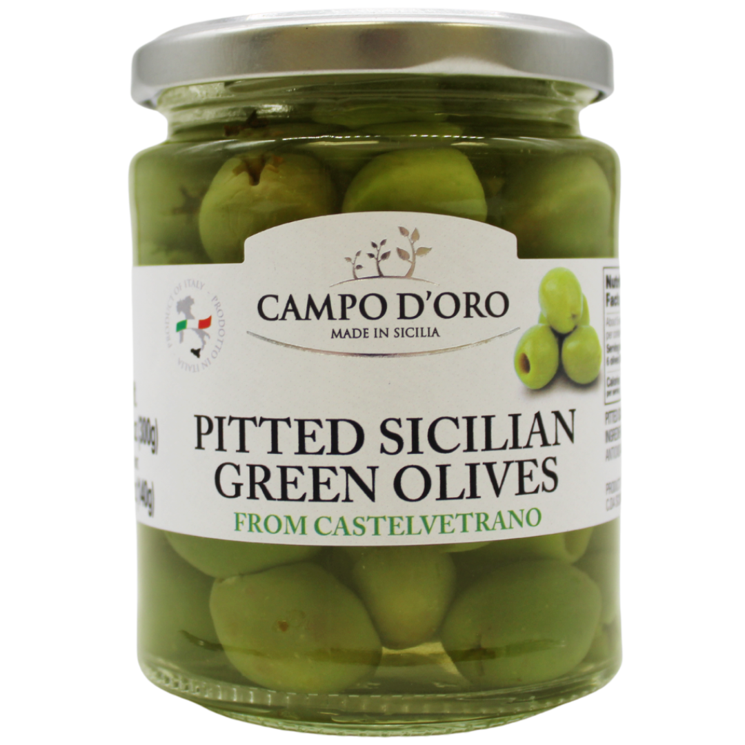 Sicilian Pitted Green Olives In Brine (Pitted) 10.58 Oz. Castelvetrano Olives, Product of Italy, Martini Olives, NON-GMO by Campo D'Oro