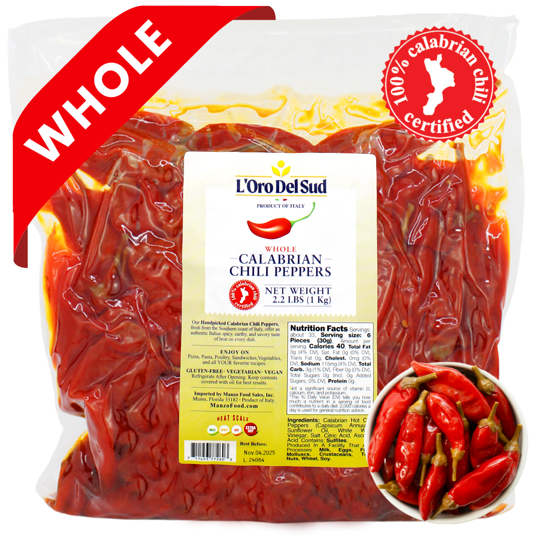 L'Oro Del Sud Certified Authentic, Whole Calabrian Chili Peppers in Oil, 2.2 lb / 1 kg (900 gr drained)