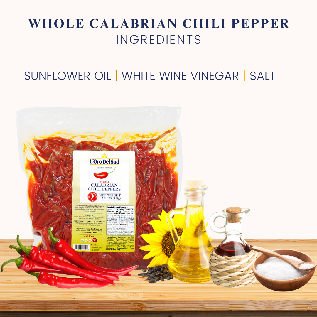 L'Oro Del Sud Certified Authentic, Whole Calabrian Chili Peppers in Oil, 2.2 lb / 1 kg (900 gr drained)