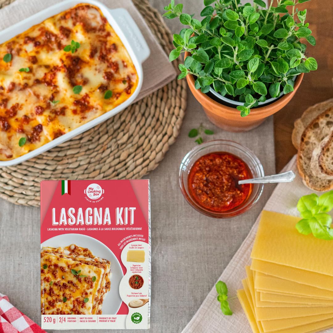  Step-by-step process of assembling layers of lasagna using the ingredients from the My Cooking Box Lasagna Kit.