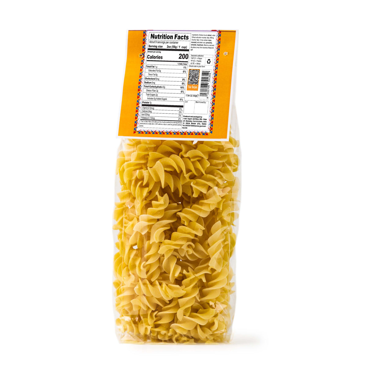 Gusto ETNA, Fusilloni Pasta, 17.6 oz (500 g), Italian Fusilloni Durum 