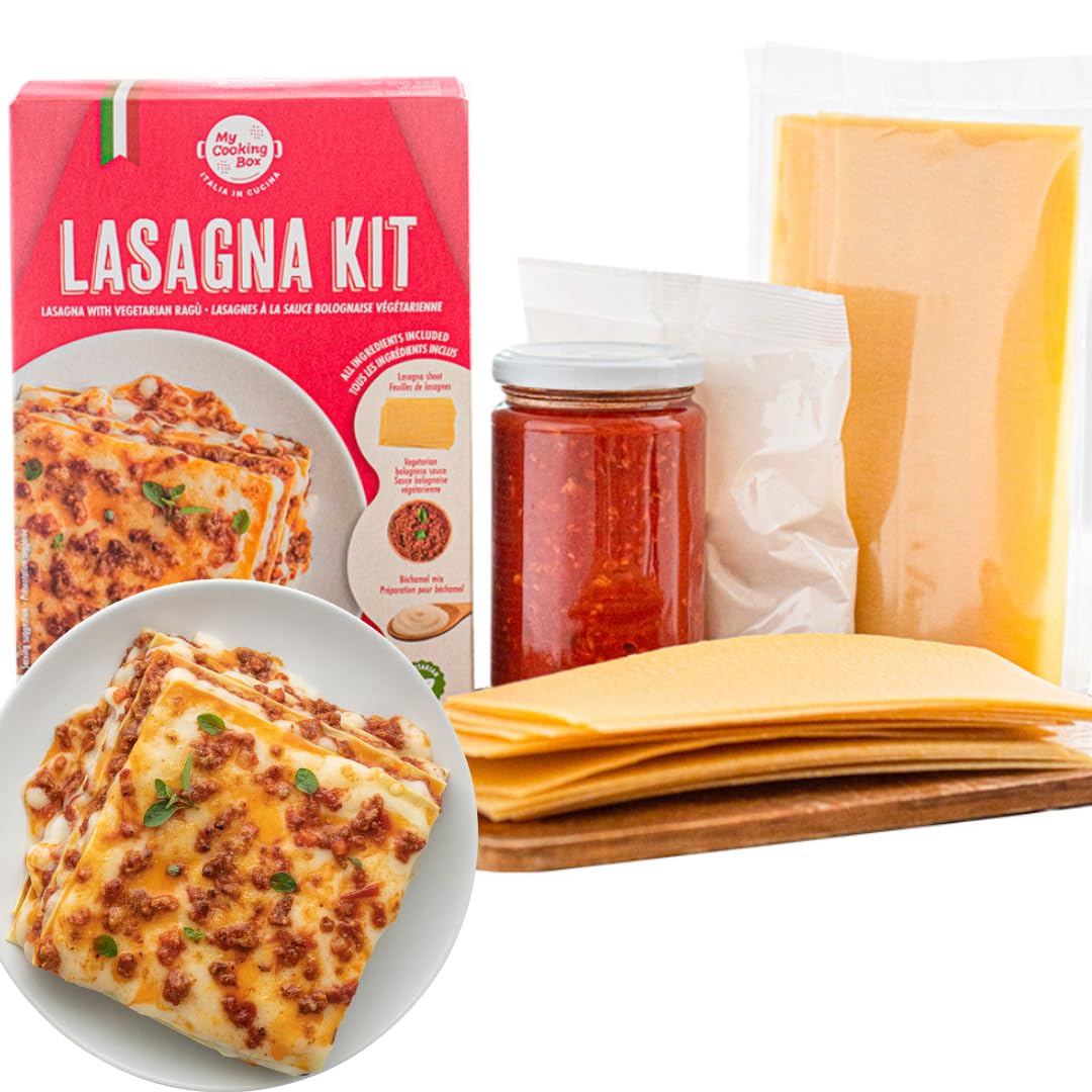 Display of high-quality ingredients included in the My Cooking Box Lasagna Kit, featuring pasta sheets, sauce, and cheese.