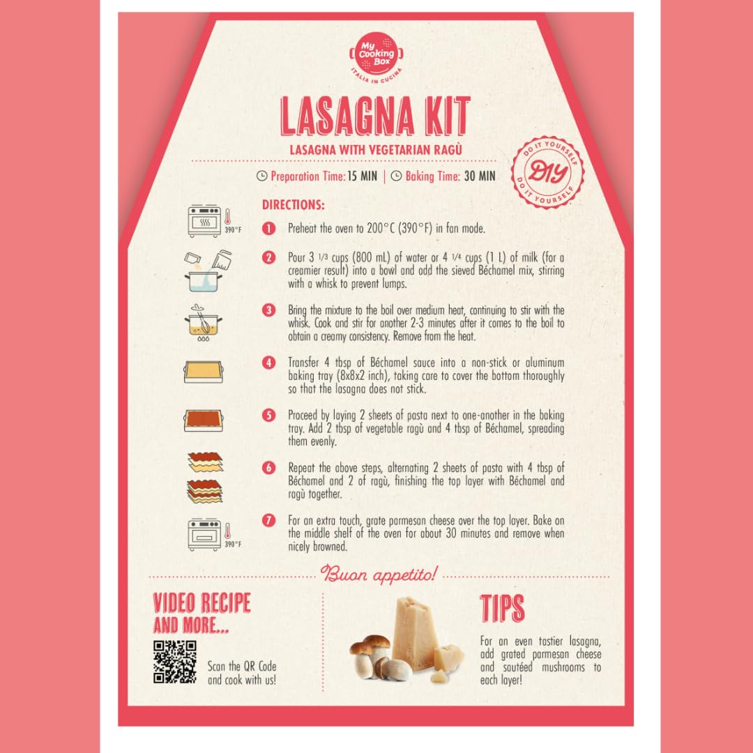 Recipe guide included in the My Cooking Box Lasagna Kit, showcasing the simple steps to create the perfect lasagna.