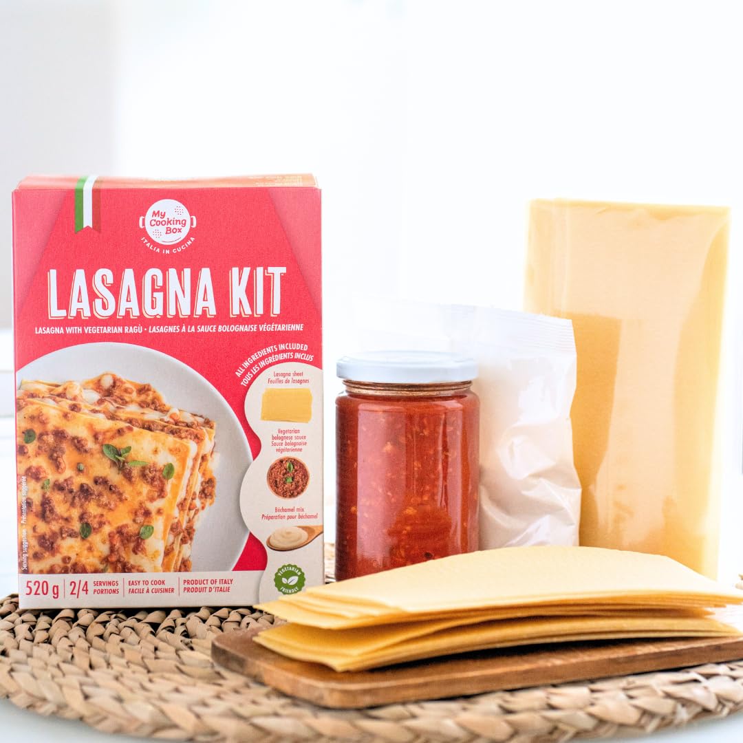 My Cooking Box Lasagna Kit packaging featuring authentic Italian design, imported by Manzo.