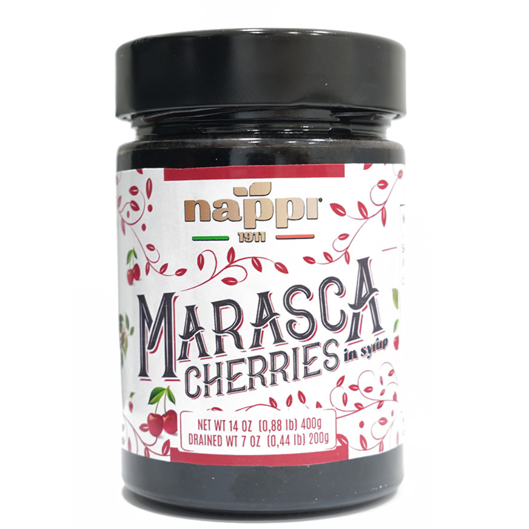Marasca Cherries in Syrup, 14.10 oz (400 g), Maraschino Black Pitted Cherries, Product of Italy, Nappi 1911