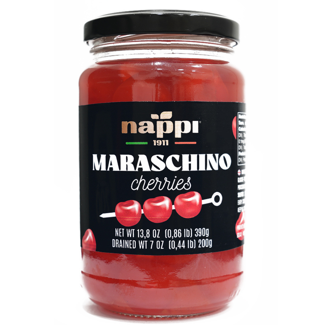 Nappi 1911, Maraschino Cherries with stem, 14 oz (390 g) Glass Jar, Cocktail, Mocktails, Ice Cream, Product of Italy