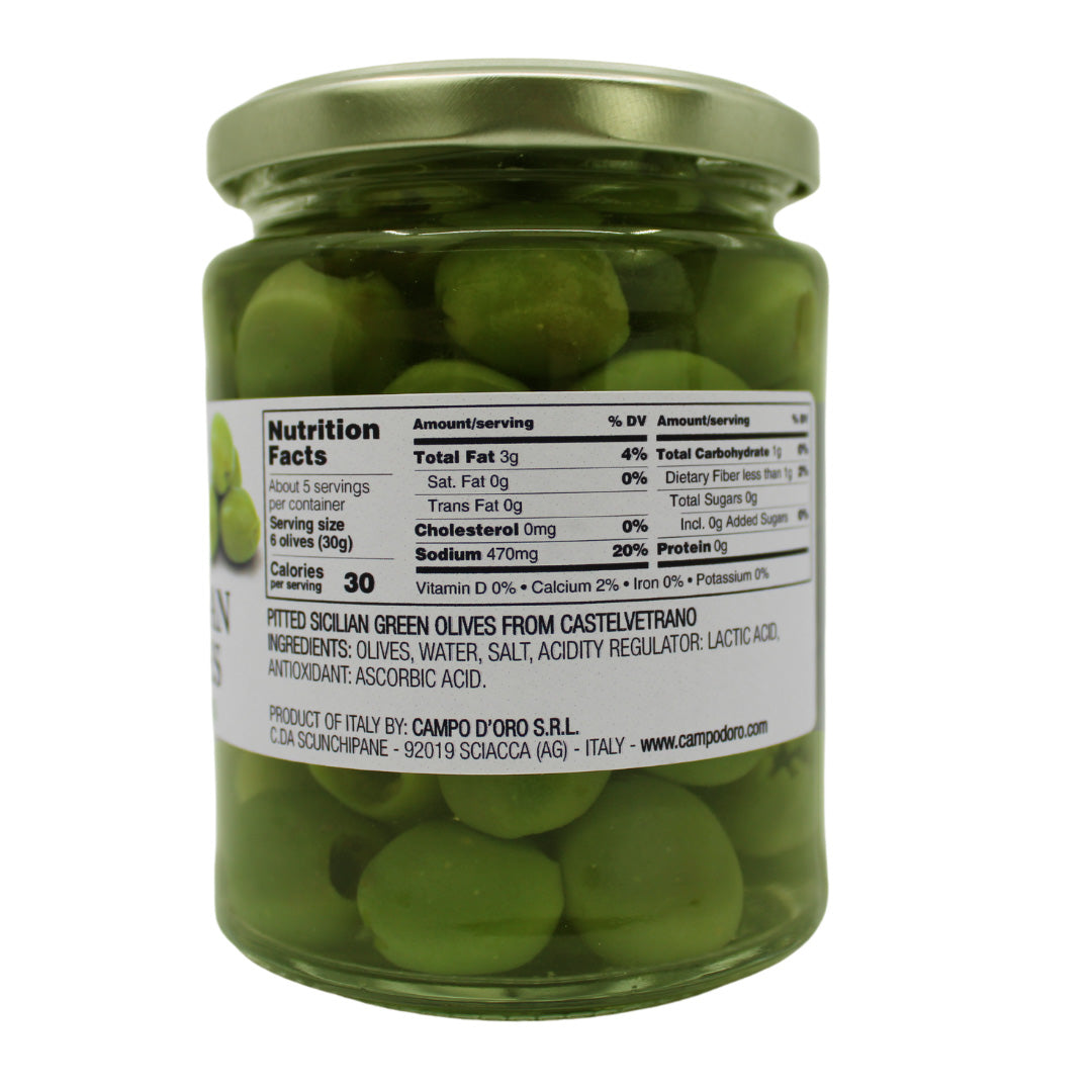 Sicilian Pitted Green Olives In Brine (Pitted) 10.58 Oz. Castelvetrano Olives, Product of Italy, Martini Olives, NON-GMO by Campo D'Oro