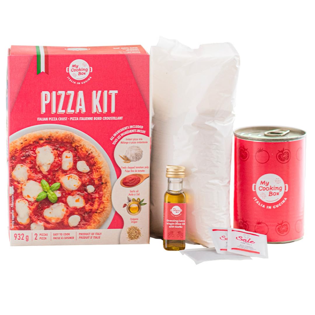 Display of high-quality ingredients included in the My Cooking Box Pizza Kit, including dough, sauce, and toppings.