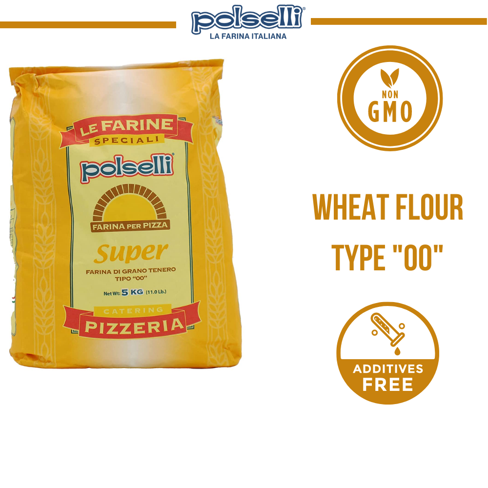 "Close-up of Polselli 00 Pizza Flour showcasing its fine texture, ideal for pizza crusts."