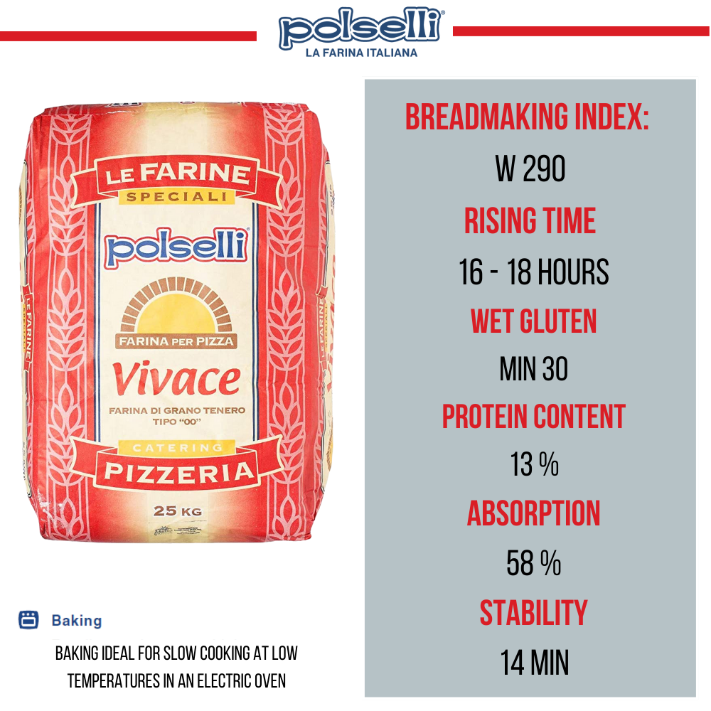 Polselli 00 Pizza Flour (Vivace) - 55 lbs Bag - Premium Italian Flour for Pizza Dough - Imported by Manzo Food Sales