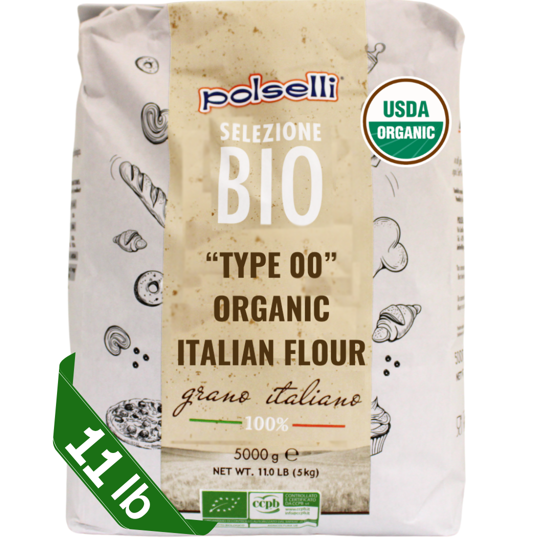 "Polselli Organic Type '00' Flour 5kg bag - 100% Italian grain, perfect for authentic pizza and pasta."