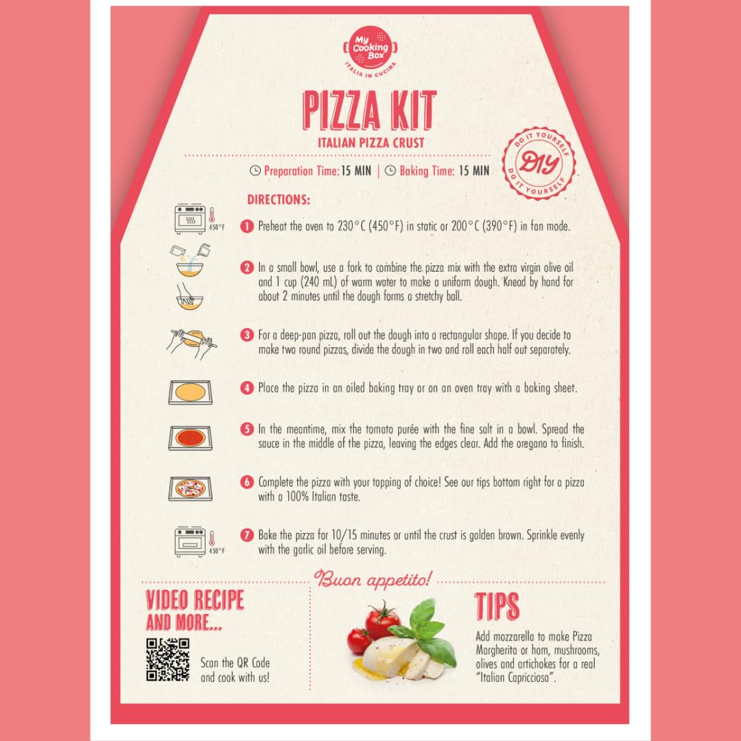 Step-by-step recipe guide included in the My Cooking Box Pizza Kit, illustrating the pizza-making process.