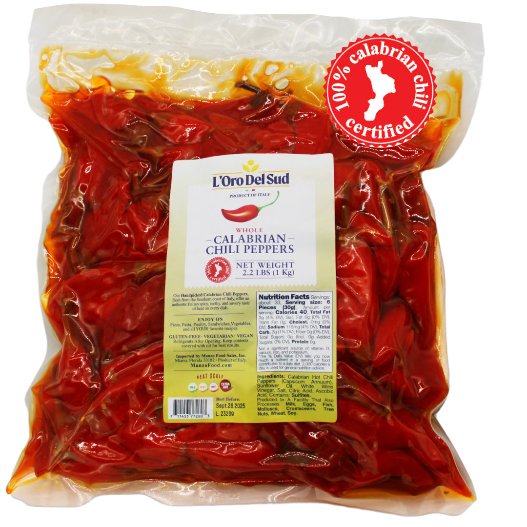 L'Oro Del Sud Certified Authentic, Whole Calabrian Chili Peppers in Oil, 2.2 lb / 1 kg (900 gr drained)