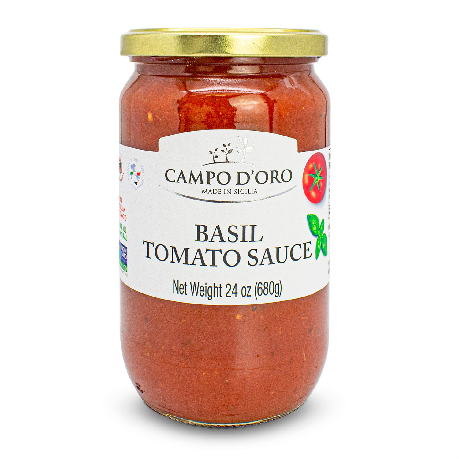 Campo D’Oro, Tomato Sauce with Basil, Glass Jar 24oz. Ingredients: Italian Tomatoes (chopped, sieved and paste), italian extra virgin olive oil, onions, carrots, basil, Sicilian salt