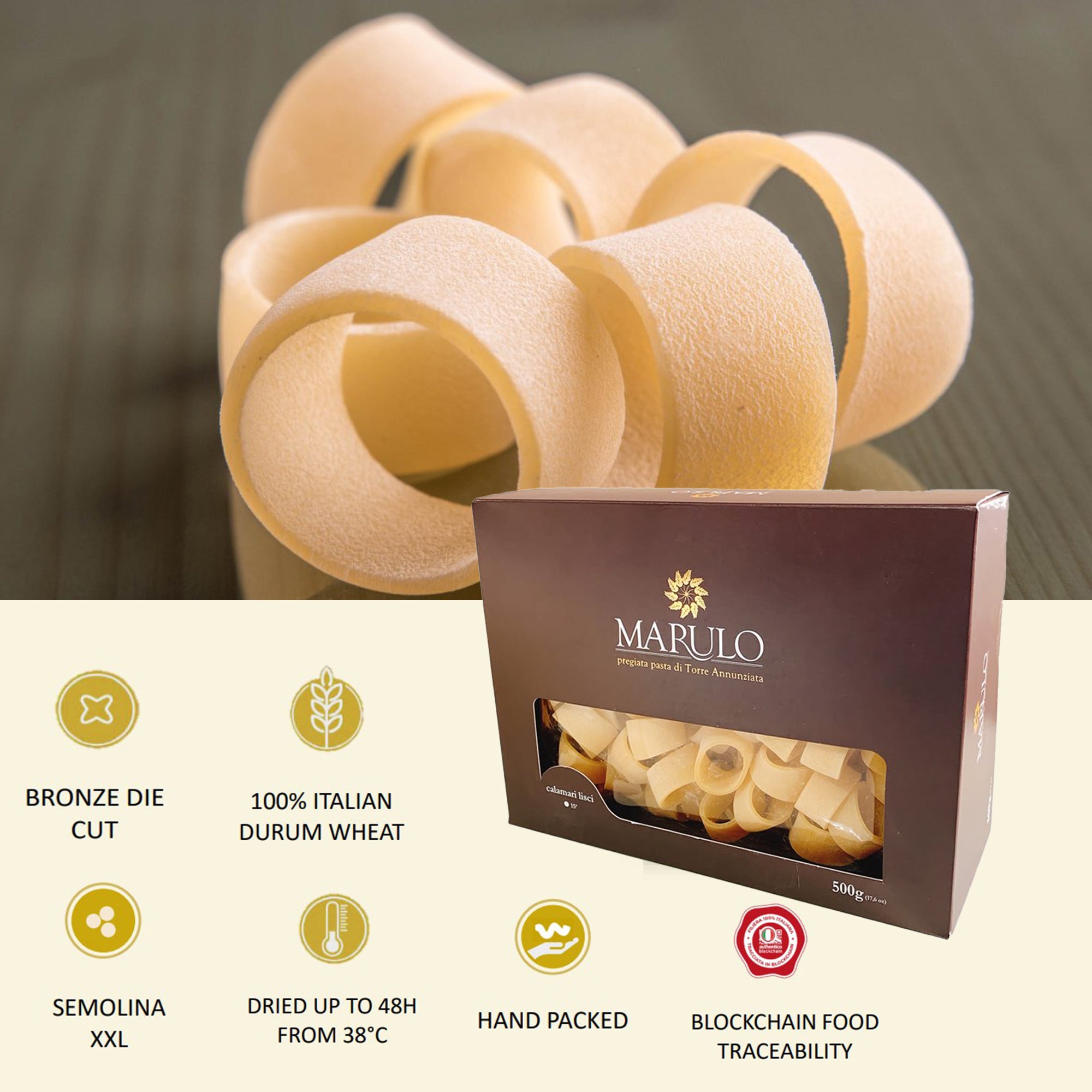 Marulo Artisan Pasta is produced from hand for flavor, color, and distinctive induvial cuts. All of these qualities enable any sauce to cling to the pasta, resulting in a delicious classic Italian dish. Only the best durum wheat is used by us. 