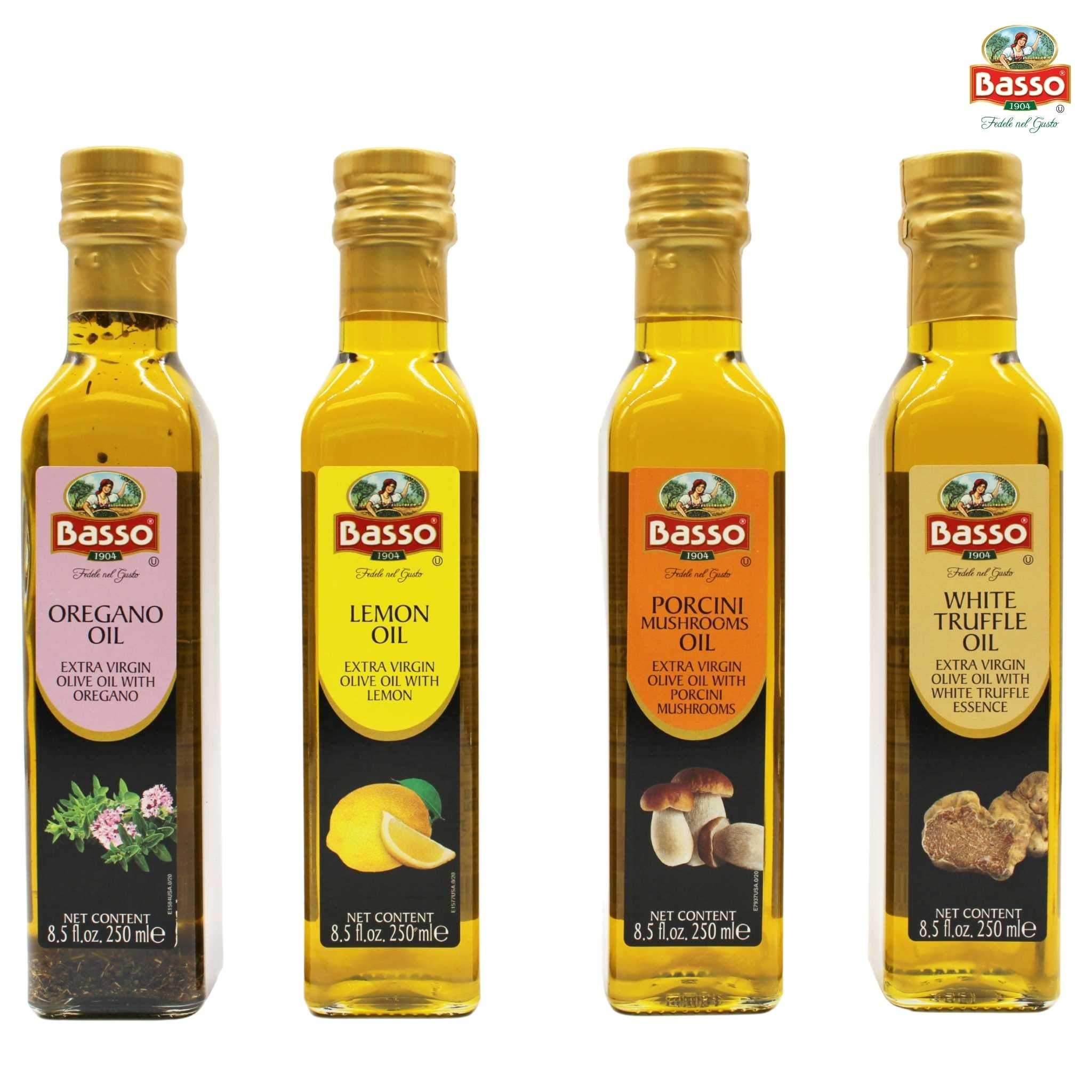 Basso Extra Virgin Olive Oil 4 Pack 8.5 fl oz Oregano Lemon Porcini White Truffle