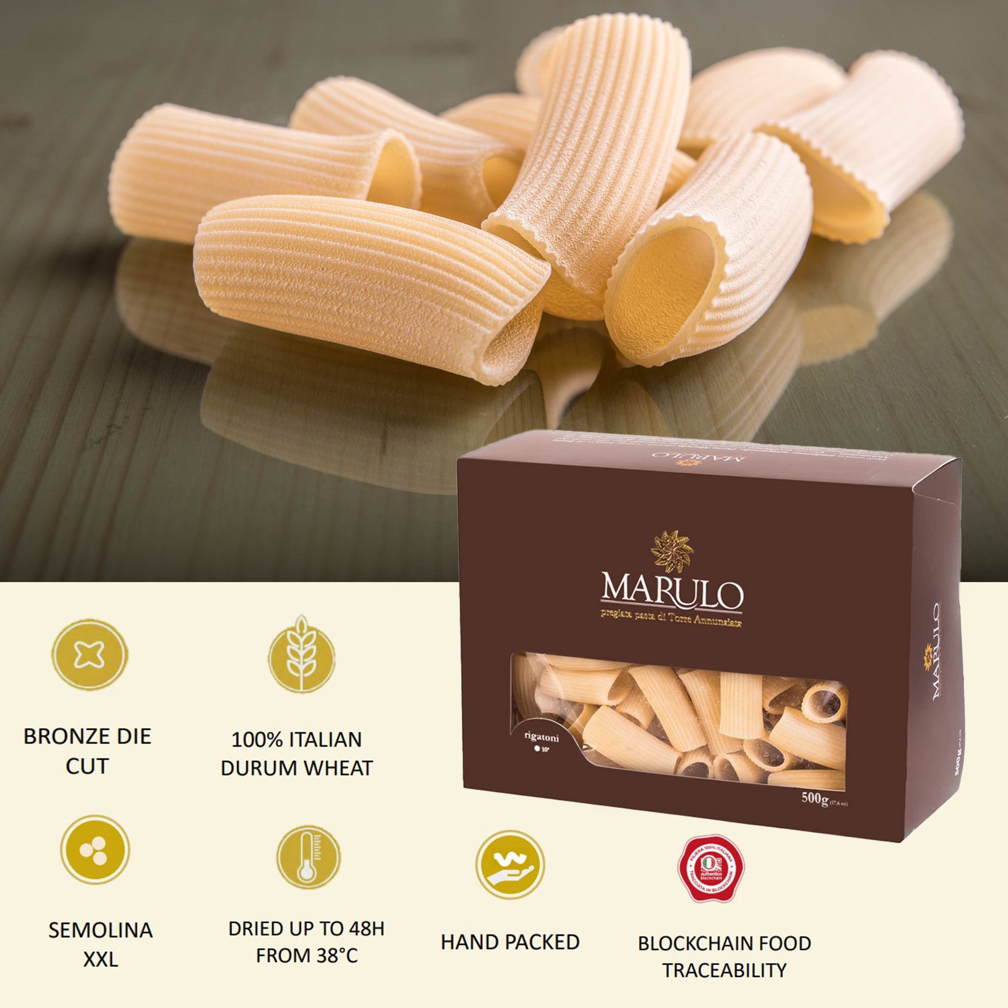 ourmet Marulo Rigatoni Homemade Artisan Pasta for a restaurant quality meal.  Homemade Artisan Pasta from Italy.