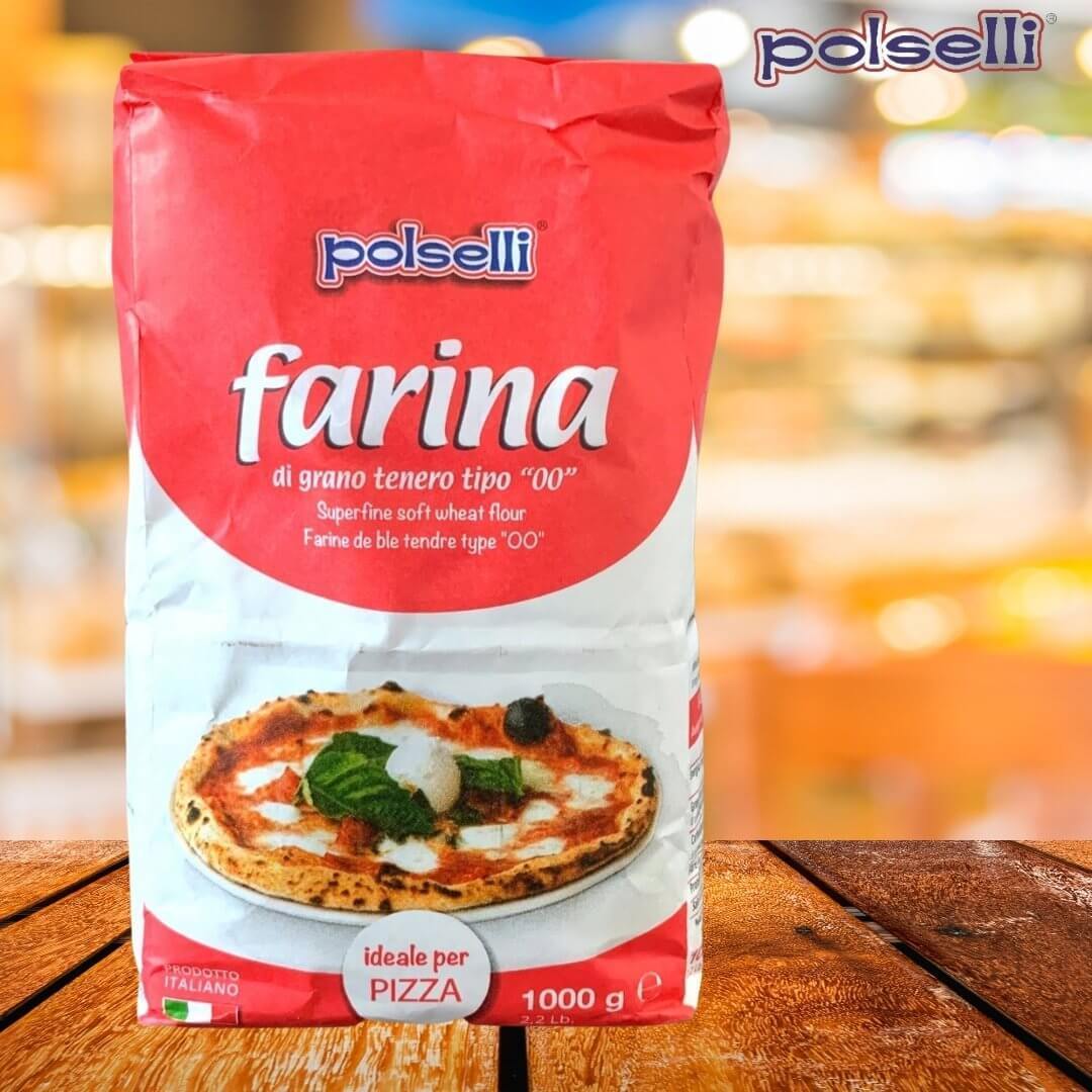 "Close-up of Polselli 00 Pizza Flour (Farina) 2.2 lb. bag, showing the premium quality of the Italian flour."