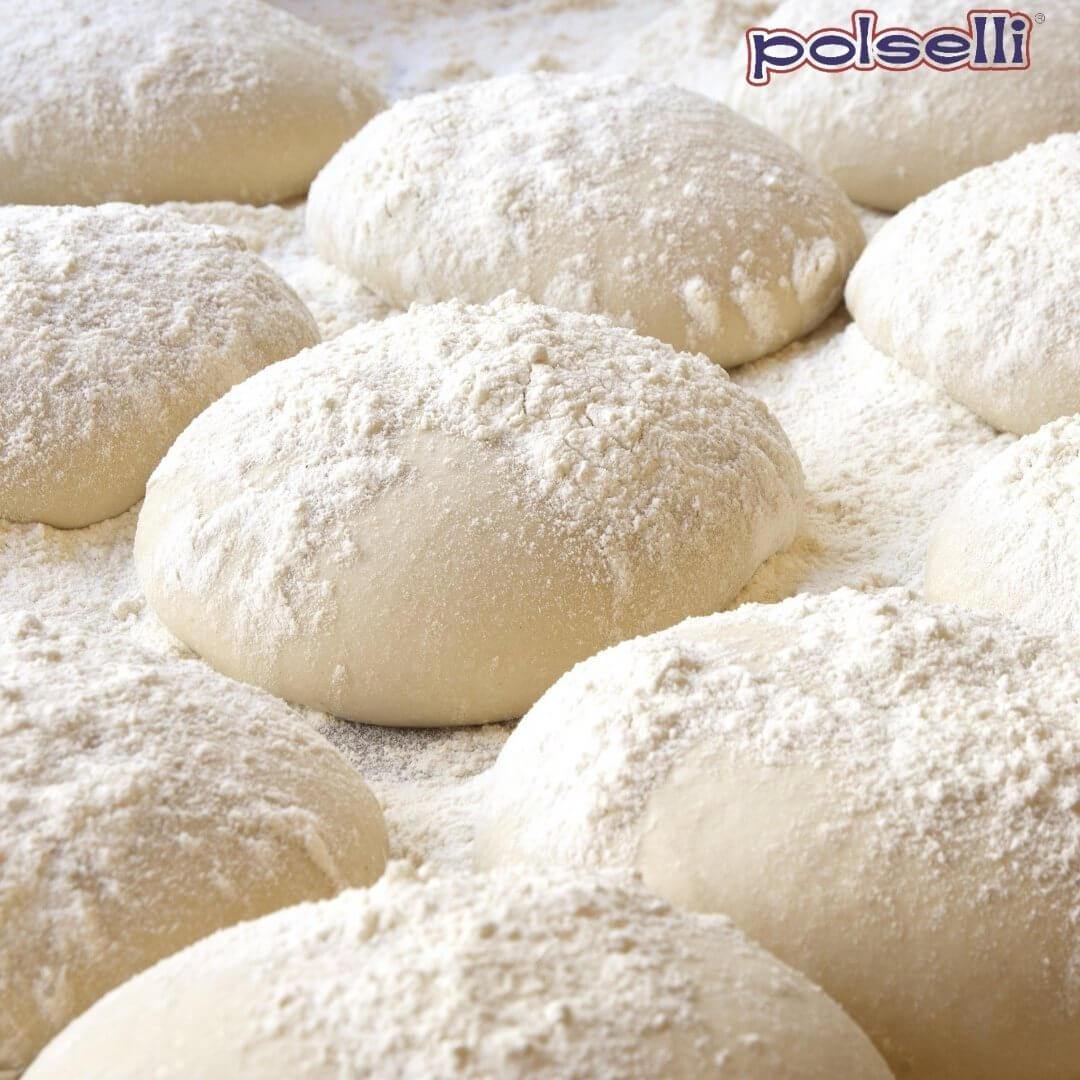 "Pizza dough preparation using Polselli 00 Pizza Flour (Farina), imported by Manzo Food Sales."