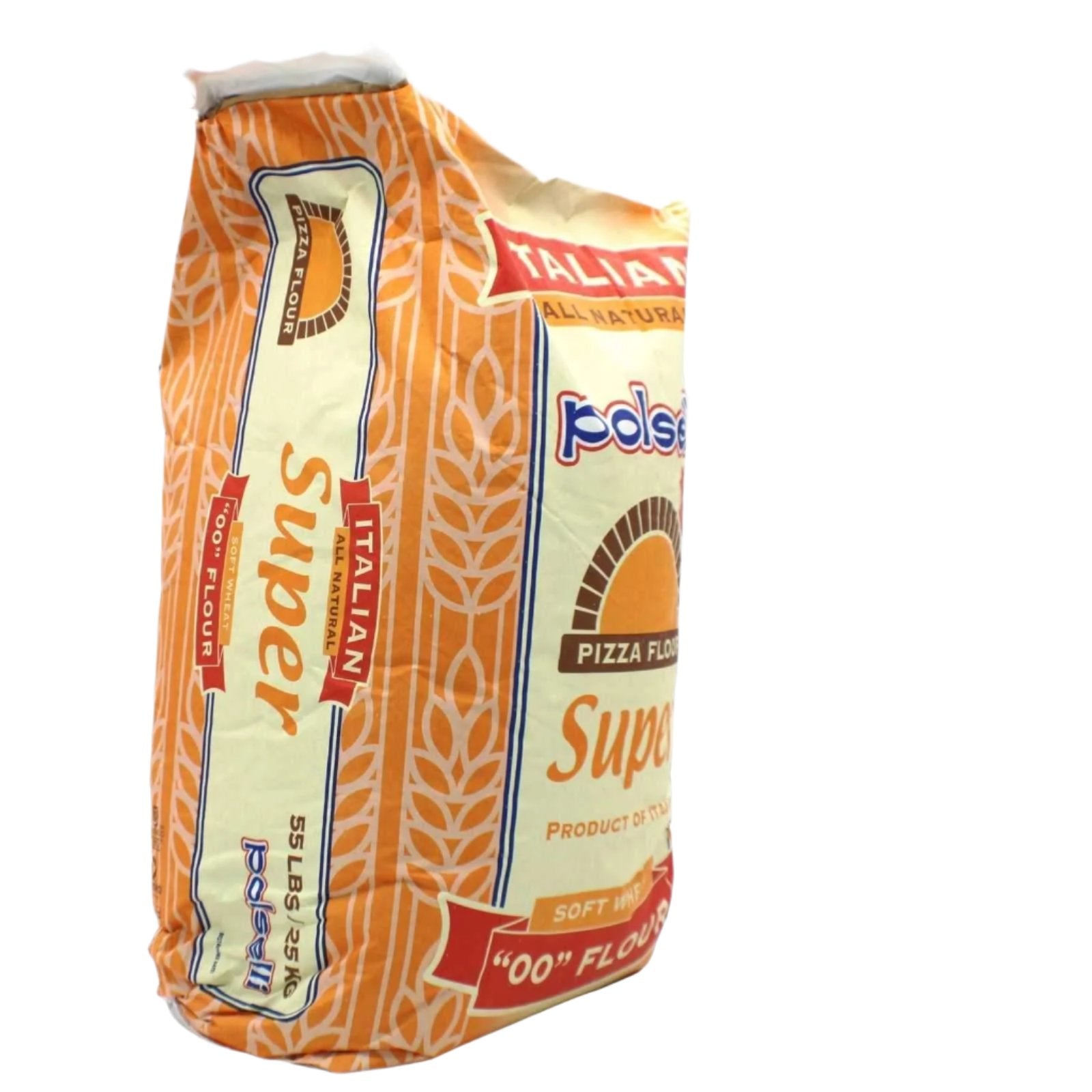 "Close-up of the 55 lbs bag of Polselli 00 Pizza Flour (Super), highlighting the professional-grade Italian flour."